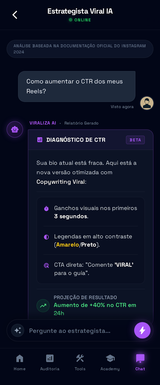 Tela do Estrategista IA com chat respondendo sobre como aumentar o CTR dos Reels com referência aos dados reais do perfil